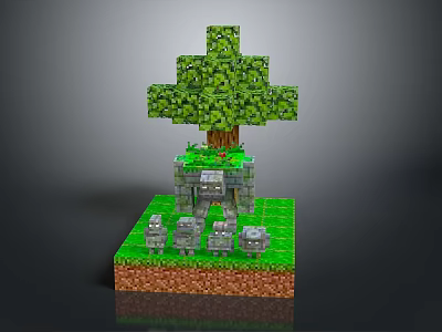 Minecraft Style Pixel Landscape With Large Tree Stone Structure And Sheep On Green Grass 3d model
