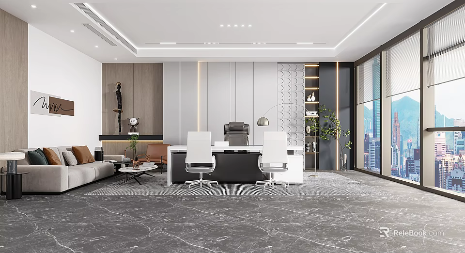 Modern Office Interior With Open Layout Marble Floor Desk Sofa And Floor to Ceiling Windows 3d model