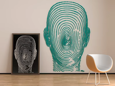 Fingerprint like Head Sculptures in Green and White on Wall with Framed Art and Chair 3d model