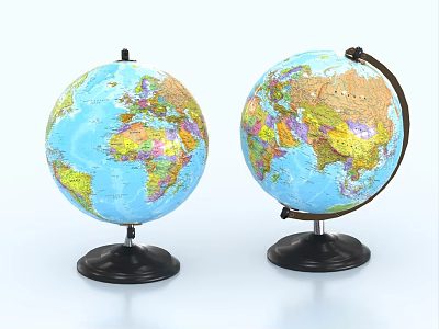 Two Blue Globe Decorative Ornament Set With Colorful Design And Black Base 3d model