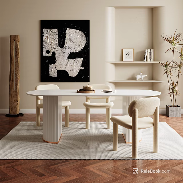 Modern Dining Table Set with White Chairs Abstract Painting Wooden Decor and Green Plant 3d model 
