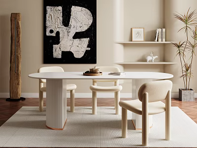 Modern Dining Table Set with White Chairs Abstract Painting Wooden Decor and Green Plant 3d model