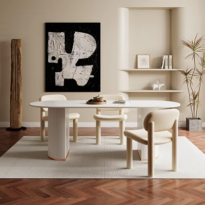 Modern Dining Table Set with White Chairs Abstract Painting Wooden Decor and Green Plant 3d model