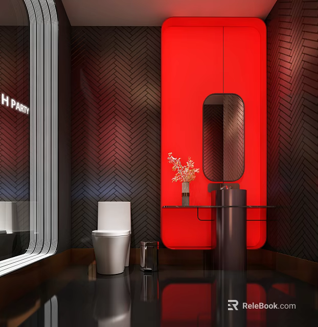 Modern Public Restroom With Red Accent Wall Black Herringbone Pattern And White Toilet 3d model 