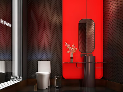 Modern Public Restroom With Red Accent Wall Black Herringbone Pattern And White Toilet 3d model