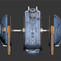 Futuristic Three Blue And Yellow Mechanical Wheels With Metallic Axle And Gears