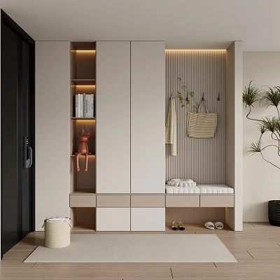 Modern Entryway Shoe Cabinet With Storage Shelves Hanging Hooks Bench Seat And LED Lighting 3d model