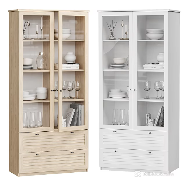 Light Wood And White Sideboard With Glass Doors Dishes Glasses Books And Drawers 3d model 