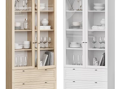 Light Wood And White Sideboard With Glass Doors Dishes Glasses Books And Drawers 3d model