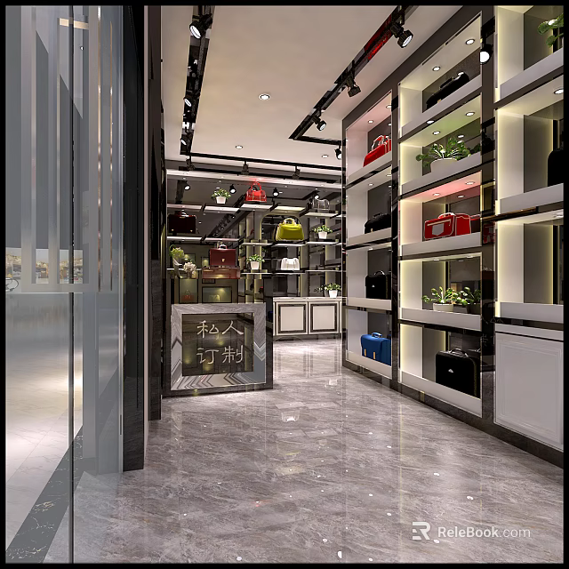 Modern Bag Boutique Interior With Colorful Bags Shelves And Green Plants 3d model 