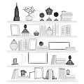 Decorative Ornaments and Figurines Set with Vases Photo Frames Books Sculptures on White Shelves