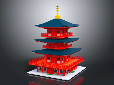 Cartoon Scene Of Multi Tiered Red Tower With Blue Roofs Golden Top And Green Base 3d model