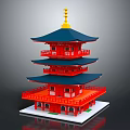 Cartoon Scene Of Multi Tiered Red Tower With Blue Roofs Golden Top And Green Base