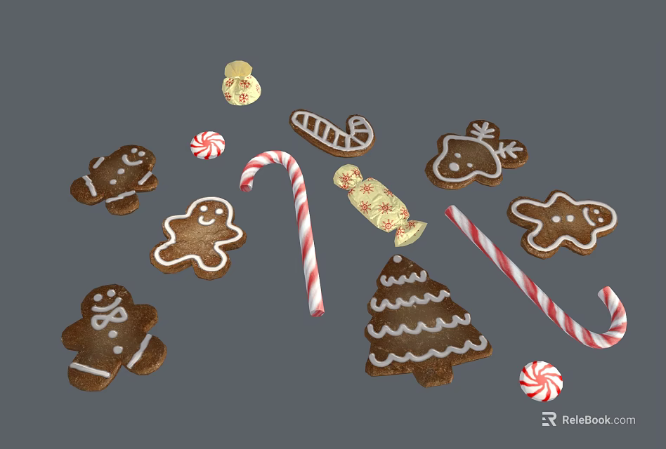 Festive Christmas Baking Treats With Gingerbread Men Tree Shapes Candy Canes And Wrapped Candies 3d model 
