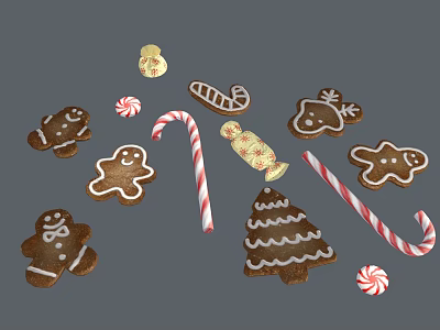 Festive Christmas Baking Treats With Gingerbread Men Tree Shapes Candy Canes And Wrapped Candies 3d model