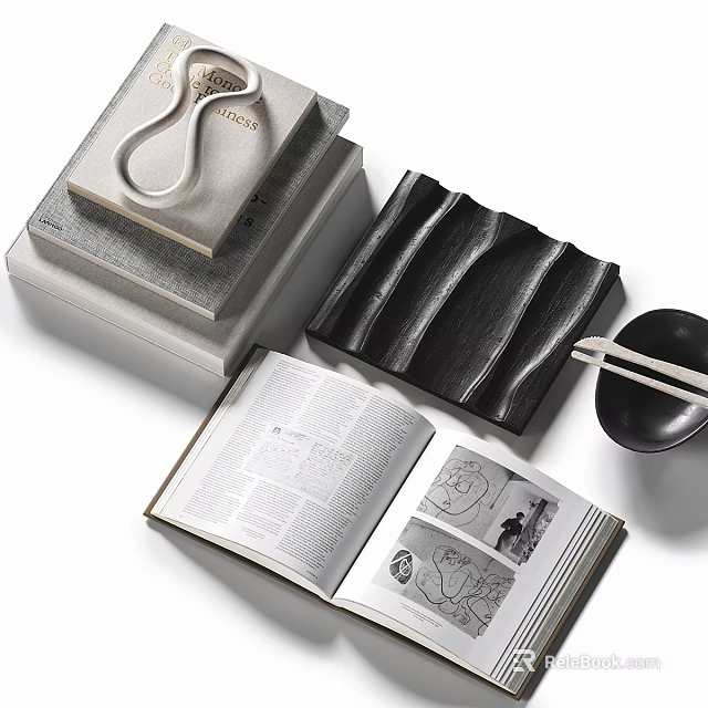Books And Magazines Display With Open Book And Objects 3d model 