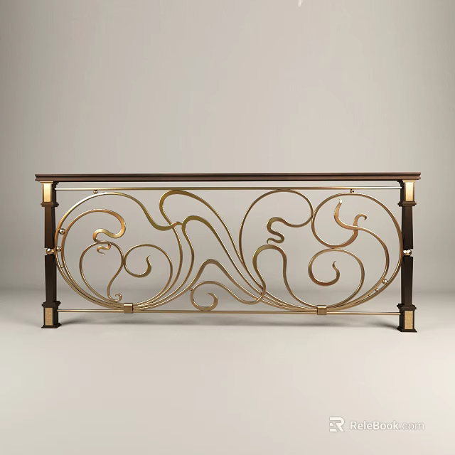 Decorative Fence with Golden Curved Patterns and Dark Brown Supports 3d model 