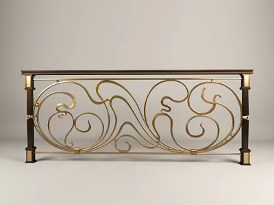 Decorative Fence with Golden Curved Patterns and Dark Brown Supports 3d model