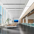 Modern Spacious Service Hall with Waiting Benches Counters Large Screen Plants Windows and Self-service Kiosks
