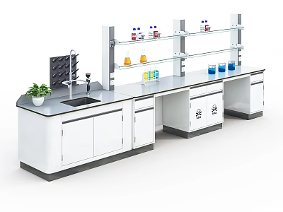 Modern Laboratory Interior With White Lab Bench Storage Cabinets And Reagent Bottles On Shelves 3d model