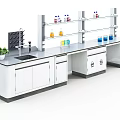 Modern Laboratory Interior With White Lab Bench Storage Cabinets And Reagent Bottles On Shelves