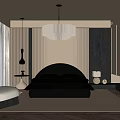 Modern Bedroom Interior With Gray Bed Striped Wall Pendant Light Window Blinds And Accent Chair