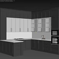 Modern Kitchen Interior With Dark Cabinets White Countertop Island And Glass Door Cabinets