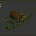 Traditional Wooden Cart With Brown Barrel And Cloth Bundles On Dark Surface