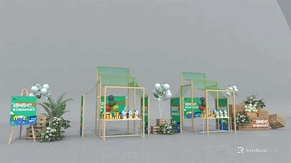 Stylish Green Gold Exhibition Booth With Balloons Plants And Display Shelves 3d model 