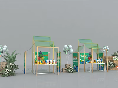 Stylish Green Gold Exhibition Booth With Balloons Plants And Display Shelves 3d model