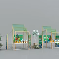 Stylish Green Gold Exhibition Booth With Balloons Plants And Display Shelves