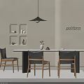 Modern Dining Table And Chairs Set With Beige Wall Square Shelves Black Pendant Wooden Legs