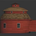 Red Round Barn Building With Striped Brown Yellow Roof And Small Windows Design