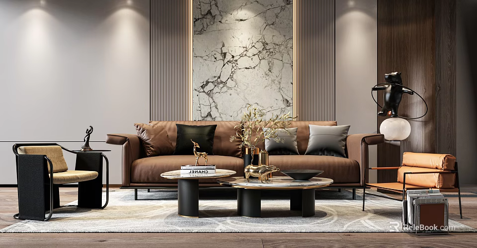 Elegant Brown Sofa and Coffee Table Set with Pillows Decorative Items and Marble Wall Art 3d model
