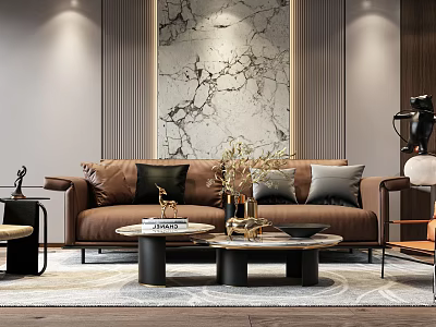 Elegant Brown Sofa and Coffee Table Set with Pillows Decorative Items and Marble Wall Art 3d model