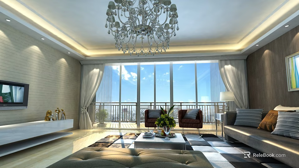 Modern Bright Spacious Living Room With Large Floor Window Luxury Crystal Chandelier And Cozy Seats 3d model 