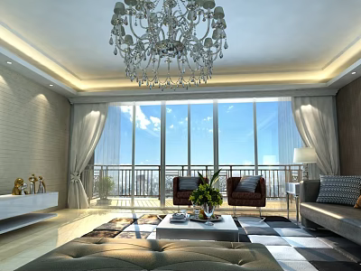 Modern Bright Spacious Living Room With Large Floor Window Luxury Crystal Chandelier And Cozy Seats 3d model
