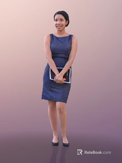 A Woman in Blue Dress with Crossed Arms Holding a Magazine Against Light Purple Background 3d model 