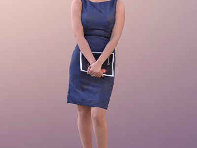 A Woman in Blue Dress with Crossed Arms Holding a Magazine Against Light Purple Background 3d model