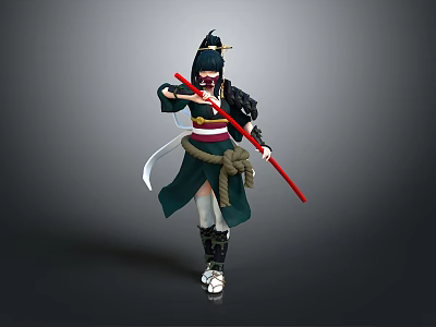 Woman With Black Hair In Traditional Outfit Holding Red Staff In Combat Pose 3d model