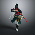 Woman With Black Hair In Traditional Outfit Holding Red Staff In Combat Pose