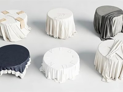 Round Dining Tables Covered With Various Tablecloths Different Colors And Styles 3d model
