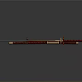 Traditional Japanese Katana Weapon with Red Scabbard and Gold Accents on Wooden Stand