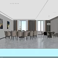 Modern Private Dining Room Interior With Large Table Chairs Windows And Decorative Paintings 3d model