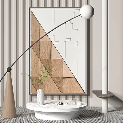 Modern Abstract Painting with Geometric Shapes Wooden White Tones Interior Vase Plant Striped Wall Background 3d model