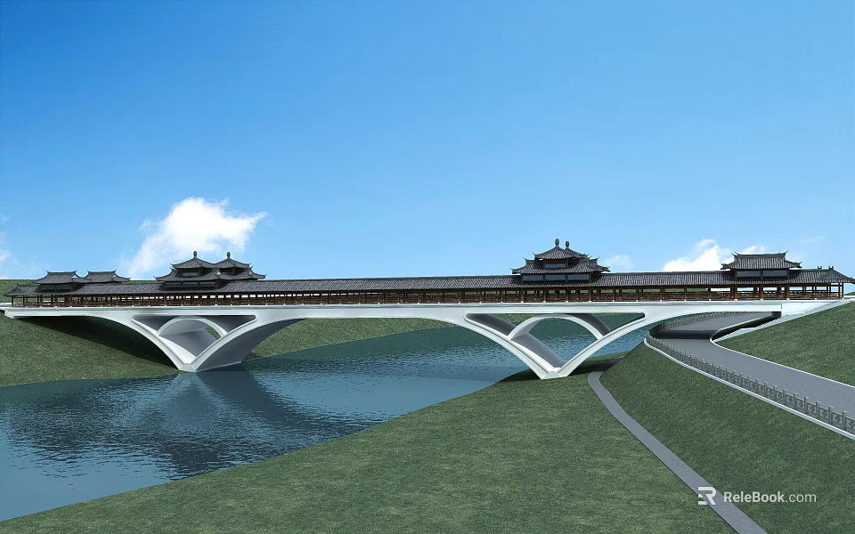 Traditional Chinese Bridge With Ancient Architecture Over River And Green Grass Under Blue Sky 3d model 
