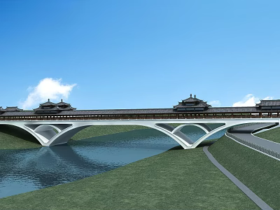 Traditional Chinese Bridge With Ancient Architecture Over River And Green Grass Under Blue Sky 3d model