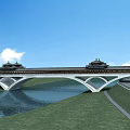 Traditional Chinese Bridge With Ancient Architecture Over River And Green Grass Under Blue Sky
