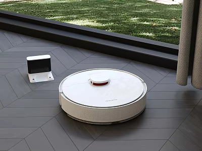 Smart Robot Vacuum Cleaner With Charging Dock On Wooden Floor Near Window 3d model