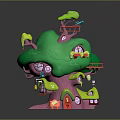Whimsical Cartoon Treehouse Scene With Green Canopy Pink Trunk Red Door Windows And Little Houses